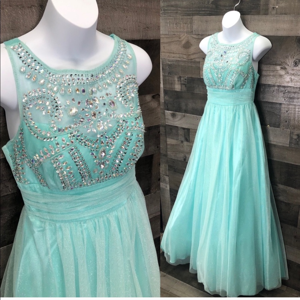 B. Darlin Tulle Skirt Illusion Beaded Ballgown